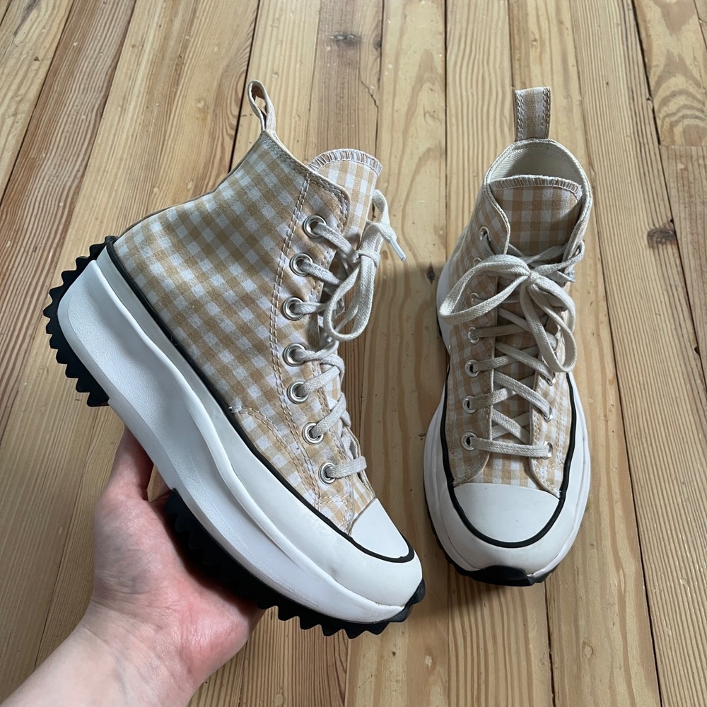 Converse Run Star Hike Hi Tan White Gingham Platform Sneakers A05999C Womens 6.5